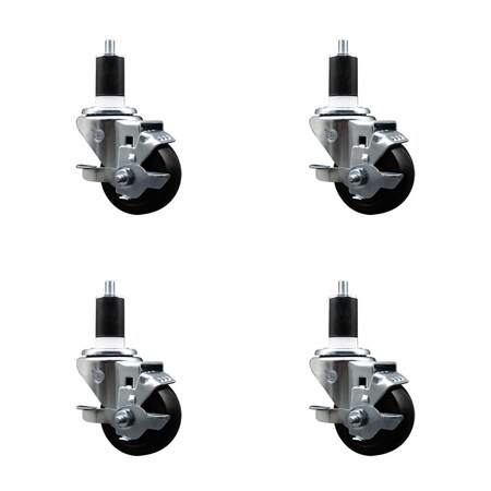 Service Caster 3'' SS Hard Rubber Swivel 1-1/2'' Expanding Stem Caster Set with Brake, 4PK SCC-SSEX20S314-HRS-TLB-112-4